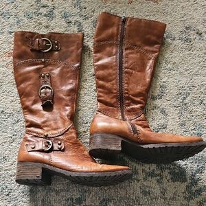 Cognac Leather Heeled Boots with Vintage Buckle Details